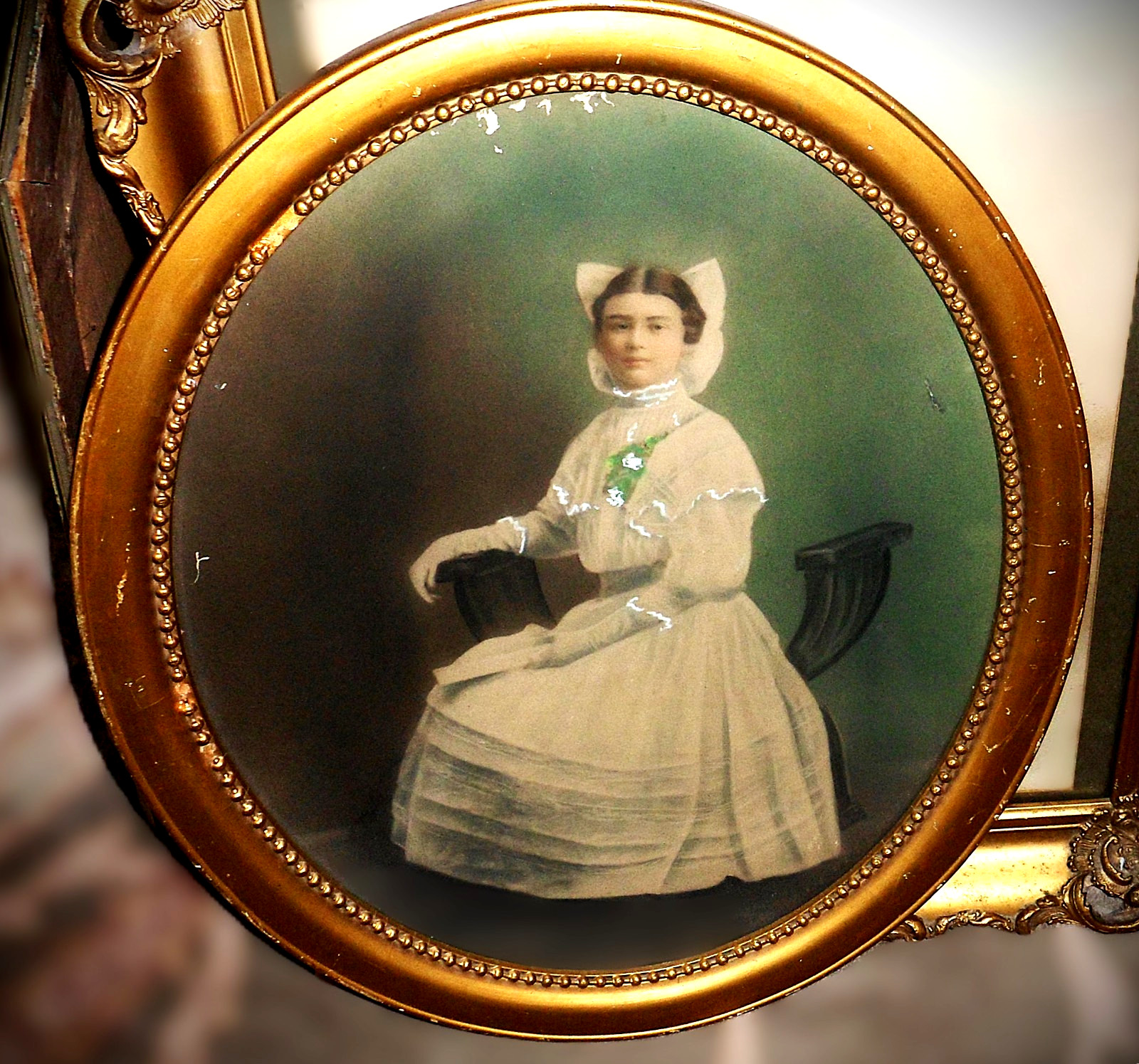 Antique Hand Tinted Oval Portrait Young Woman Gold Victorian Frame 18" x 22” Antique Hand Tinted Oval Portrait Young Woman Gold Victorian Frame 18" x 22”