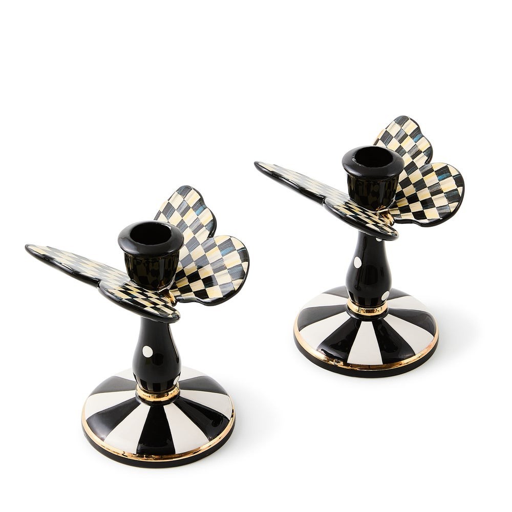 Brand New Mackenzie Childs Courtly Check Tall Butterfly Candlesticks, Set of 2 Brand New Mackenzie Childs Courtly Check Tall Butterfly Candlesticks, Set of 2