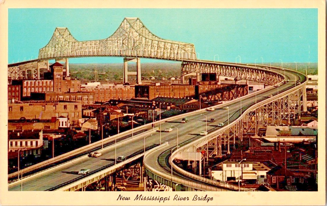 New Orleans Louisiana LA New Mississippi River Bridge Aerial View 1950s New Orleans Louisiana LA New Mississippi River Bridge Aerial View 1950s