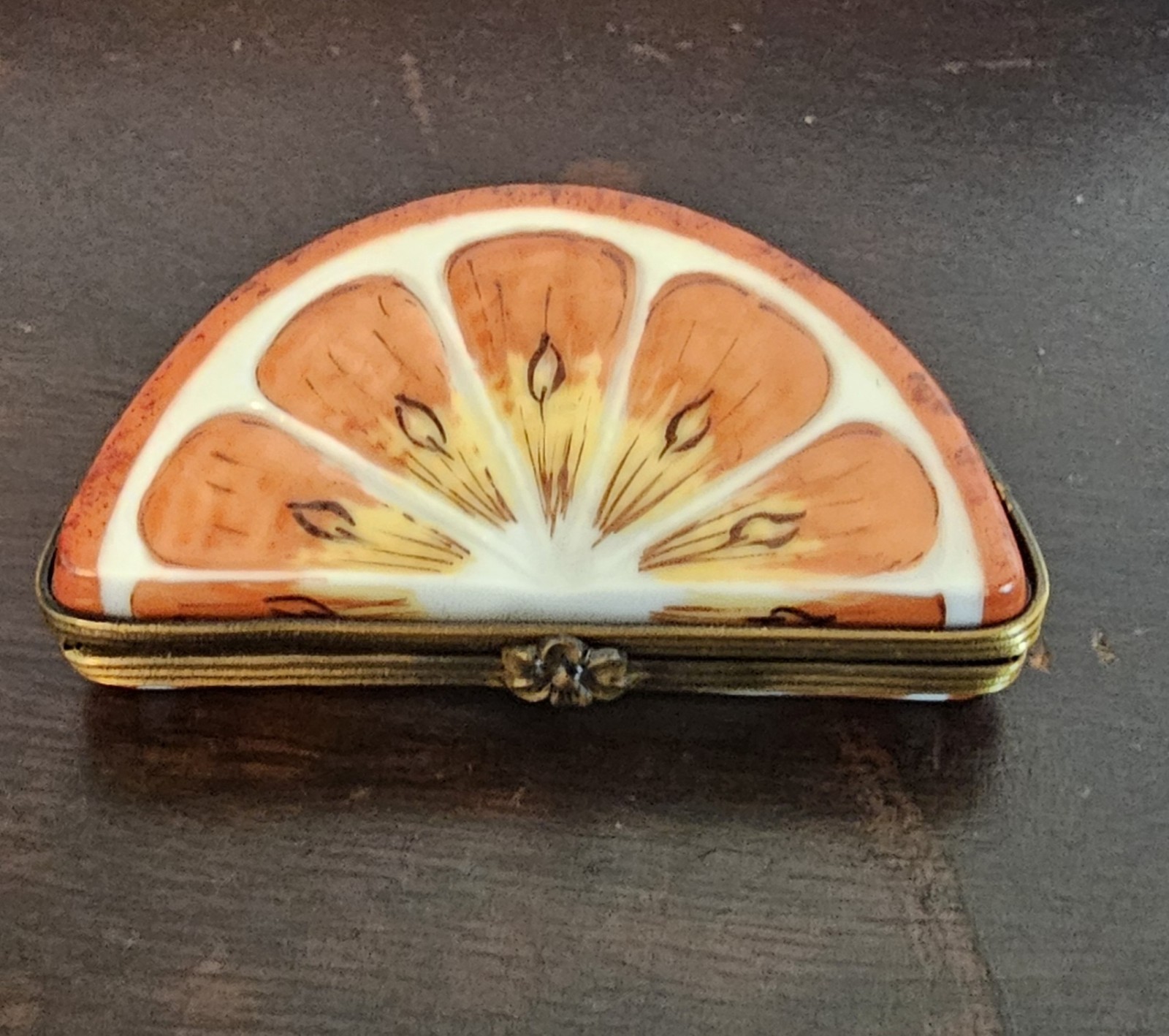 Authentic Limoges France Half Orange Slice Trinket Box Porcelain Signed Hinged Authentic Limoges France Half Orange Slice Trinket Box Porcelain Signed Hinged