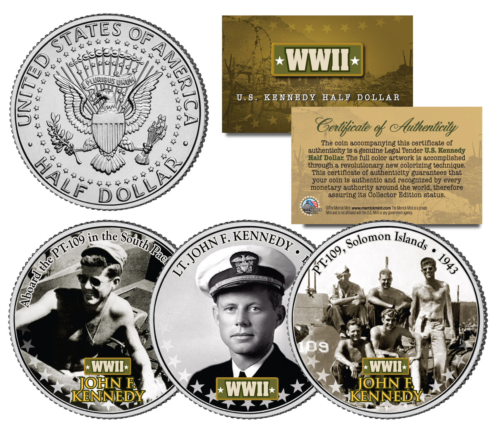 Lieutenant JOHN F KENNEDY World War II Navy JFK Half Dollar U.S. 3-Coin Set WWII