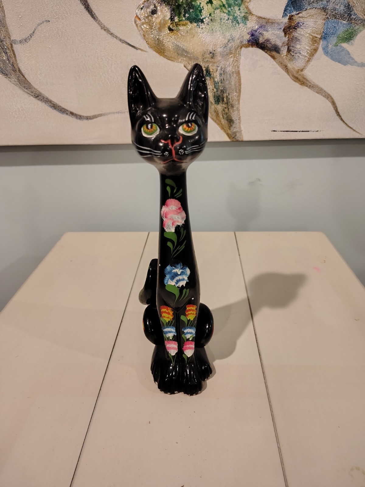 Vintage Hand Painted Ceramic Black Cat Figurine Folk Art Floral Tall Neck Statue Vintage Hand Painted Ceramic Black Cat Figurine Folk Art Floral Tall Neck Statue