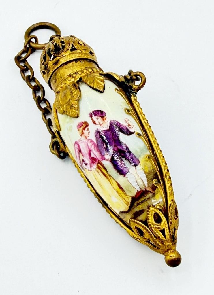 Antique 1800s Gold-Tone Chatelaine Porcelain Perfume Scent Bottle Lovers Antique 1800s Gold-Tone Chatelaine Porcelain Perfume Scent Bottle Lovers