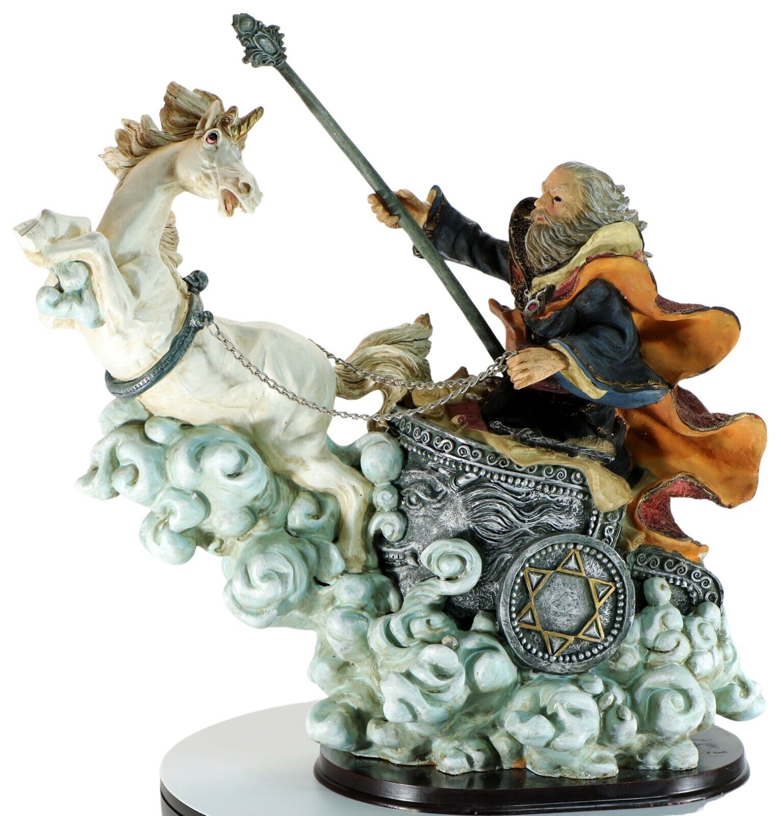 Large Fantasy Resin Statue - Wizard in Chariot Pulled by Unicorn