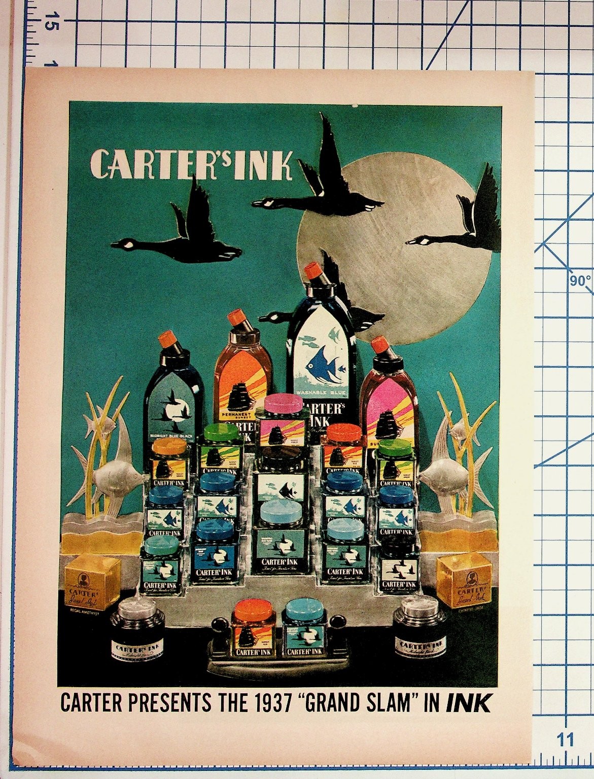 1937 Carter's Ink Vintage Print Ad Art Deco Flying Geese Grand Slam