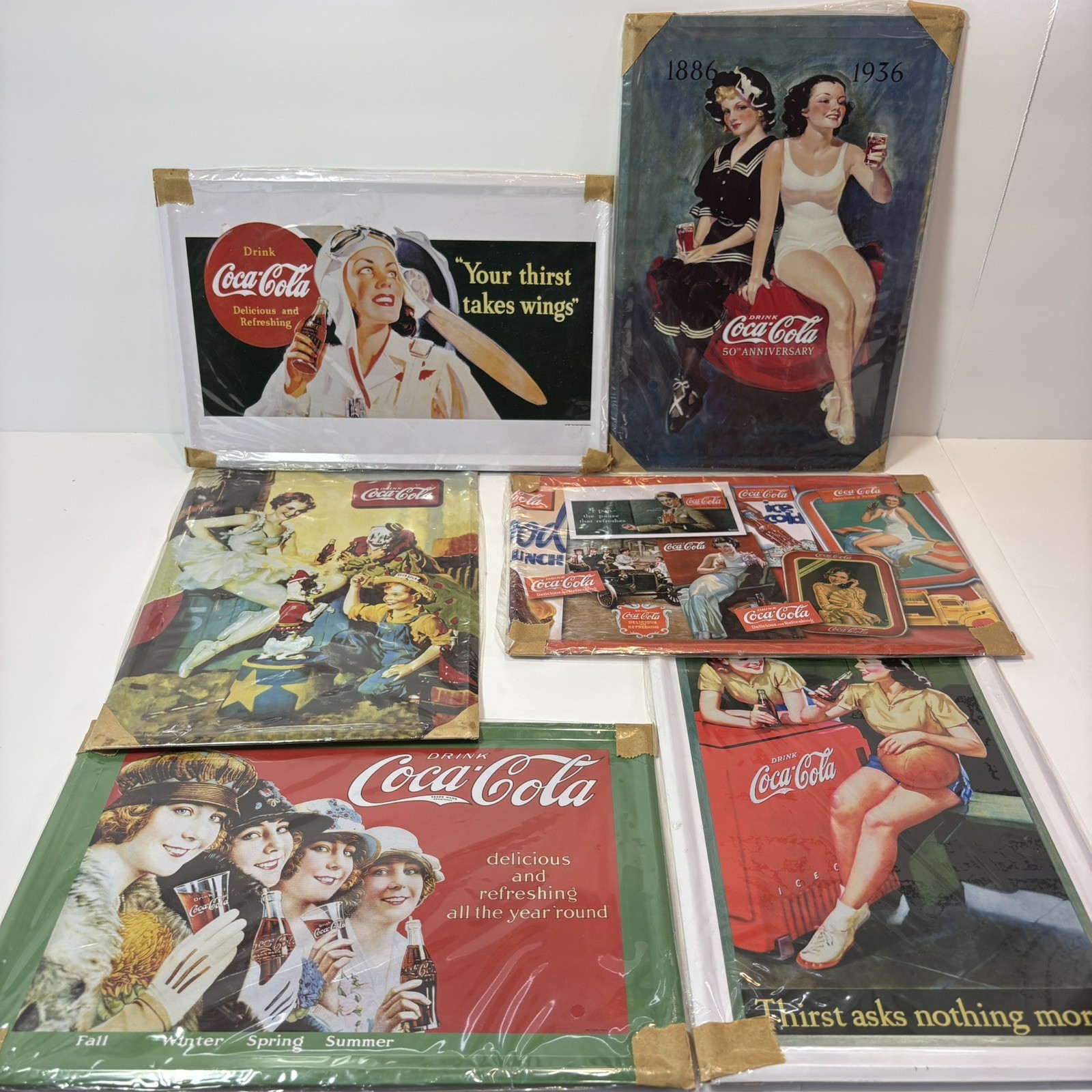 Lot of 6 Coca-Cola Tin Signs Vintage Style Advertising Metal Plaques 1990s Lot of 6 Coca-Cola Tin Signs Vintage Style Advertising Metal Plaques 1990s