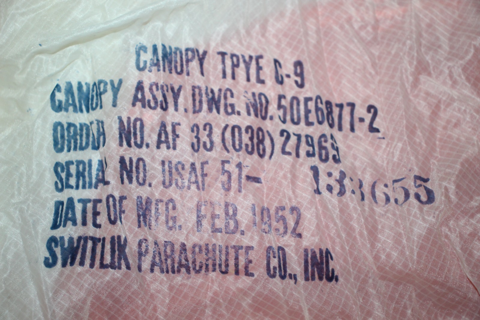 Original Korean War 1952 Dated U.S. A.F. Type C-9 Silk Parachute w/Shroud Lines Original Korean War 1952 Dated U.S. A.F. Type C-9 Silk Parachute w/Shroud Lines
