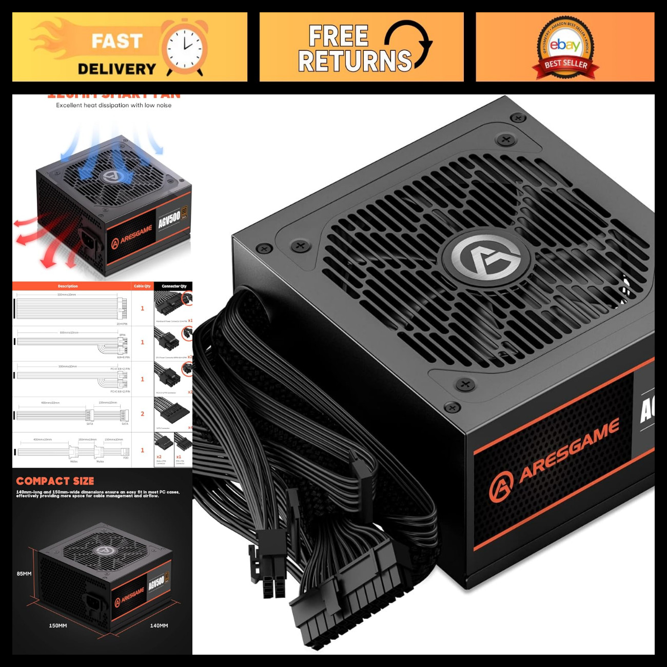 ARESGAME AGV Series 500W Power Supply, 80 Plus Bronze Certified, Non Modular Pow ARESGAME AGV Series 500W Power Supply, 80 Plus Bronze Certified, Non Modular Pow