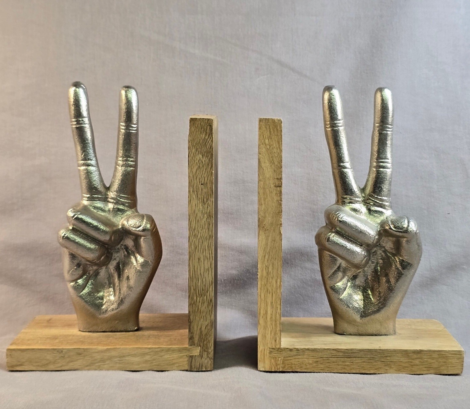 Peace Sign Two 2 Hand Bookends Metal Gold Wood Base Office Decor Victory Dueces Peace Sign Two 2 Hand Bookends Metal Gold Wood Base Office Decor Victory Dueces