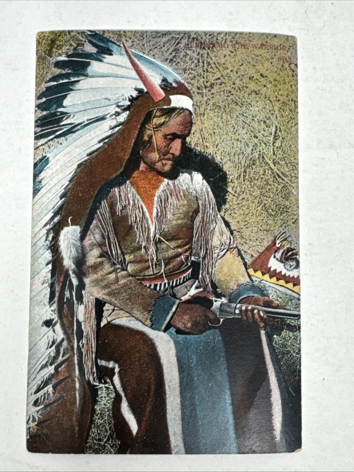 c. 1910 Apache Chief Geronimo The Warrior w/ Gun Pistol Postcard Hand Colored c. 1910 Apache Chief Geronimo The Warrior w/ Gun Pistol Postcard Hand Colored