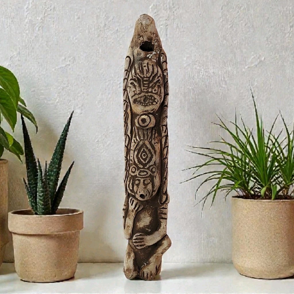 Vintage Aztec/Mayan Style Handmade Flute Totem Monkey Reptile Clay 10" Tall EC Vintage Aztec/Mayan Style Handmade Flute Totem Monkey Reptile Clay 10" Tall EC