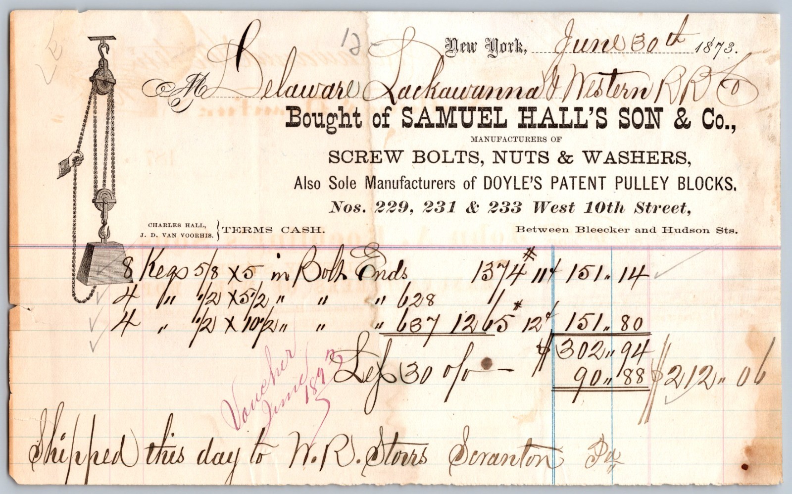 1873 adv. billhead SAMUEL HALLS SON SCREWS BOLTS NUTS WASHERS west 10th NEW YORK 1873 adv. billhead SAMUEL HALLS SON SCREWS BOLTS NUTS WASHERS west 10th NEW YORK