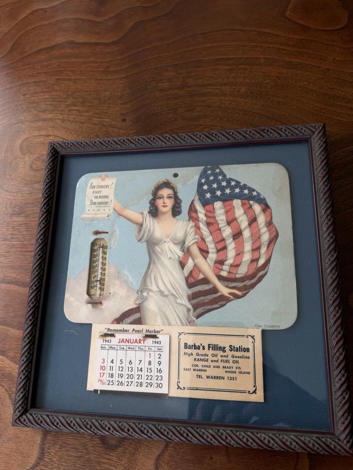 VTG 1943 Lady Liberty Promotional Thermometer/Calendar “Remember Pearl Harbor".