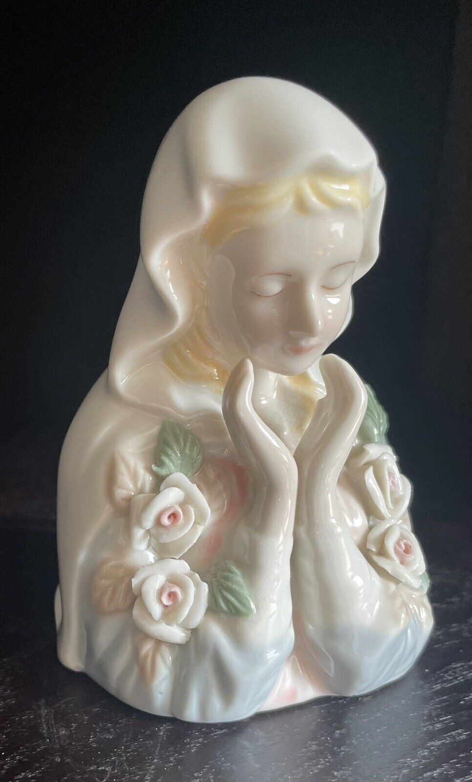 Mother Mary Madonna Virgin Mary Bust 3D Flowers Vtg Vintage
