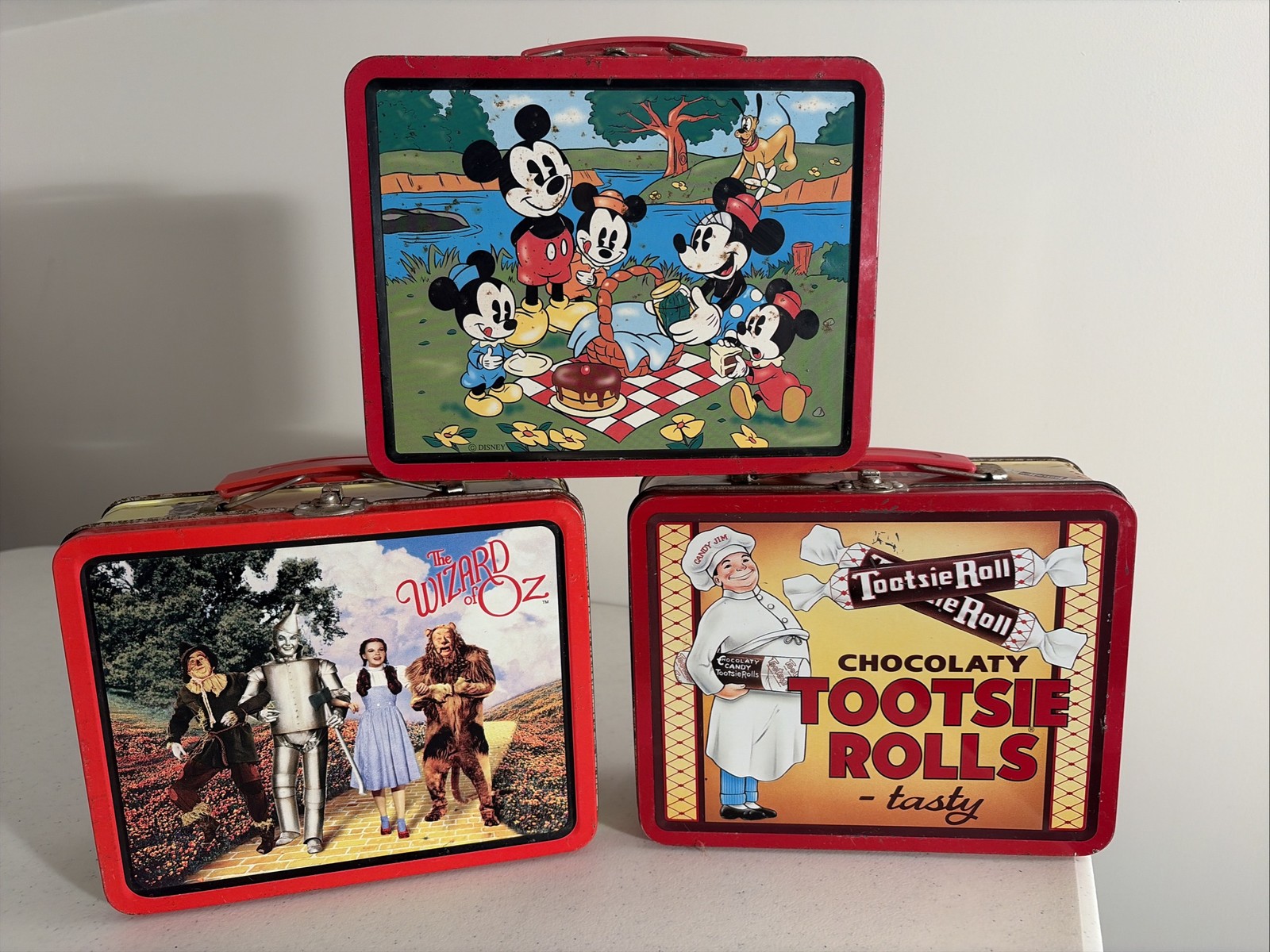 Vintage 1990s Metal Lunch Box Set Of 3- Mickey Mouse, Wizard Of Oz, Tootsie Roll Vintage 1990s Metal Lunch Box Set Of 3- Mickey Mouse, Wizard Of Oz, Tootsie Roll