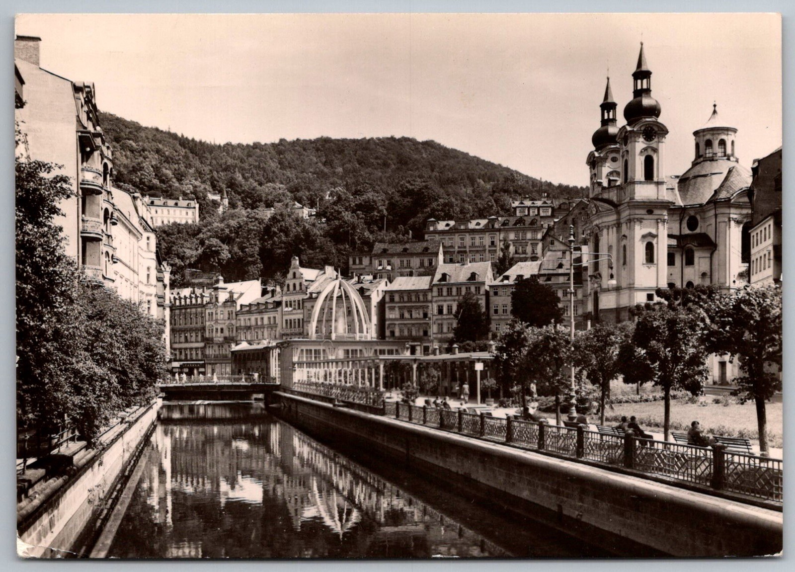 Karlovy Vary RPPC River Teplá Geyser Church Street View c.1962 Czechia Karlovy Vary RPPC River Teplá Geyser Church Street View c.1962 Czechia