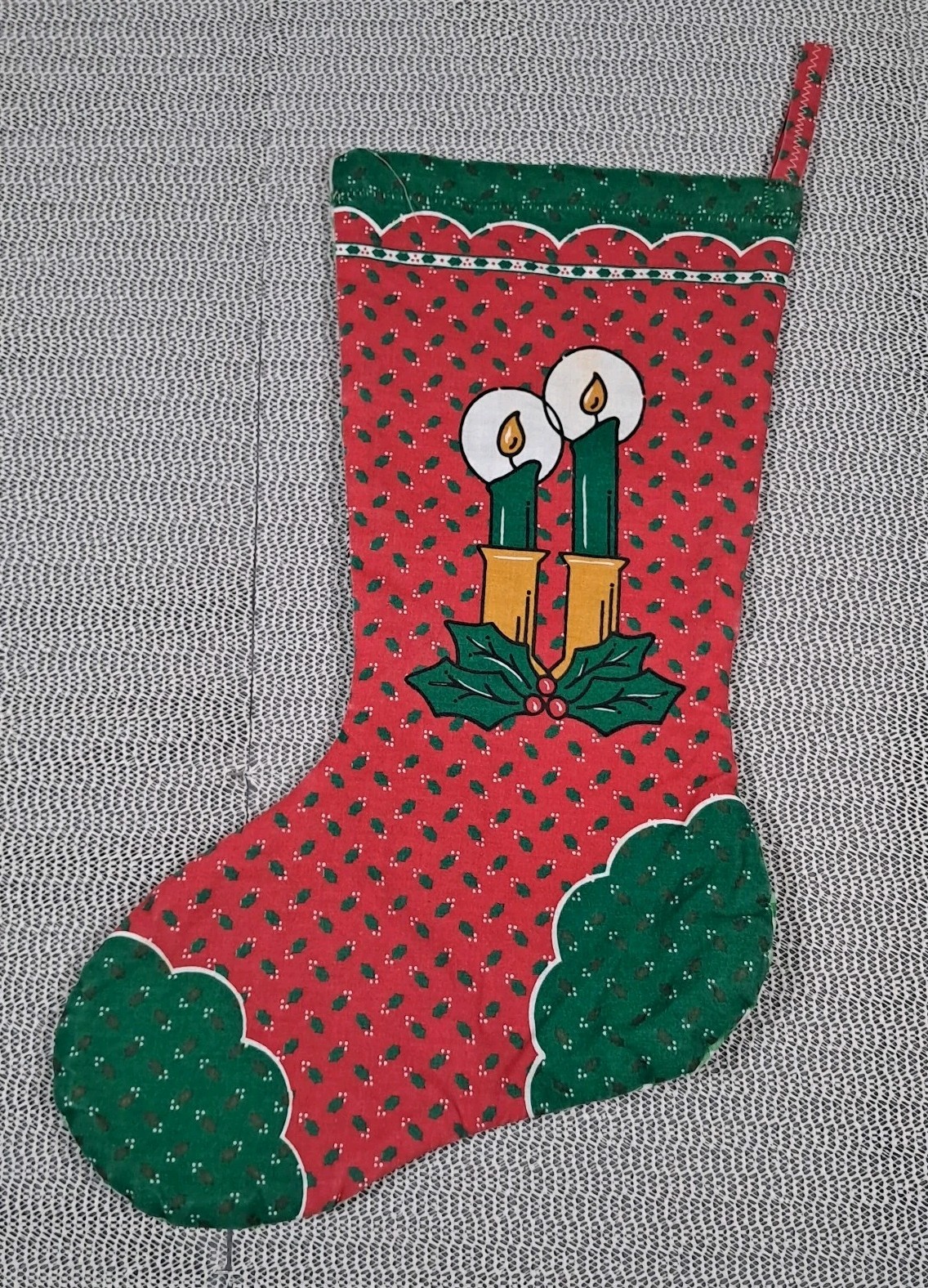Vtg Christmas Stocking Red Green Holly Candles Poinsettias Handmade Reversible Vtg Christmas Stocking Red Green Holly Candles Poinsettias Handmade Reversible
