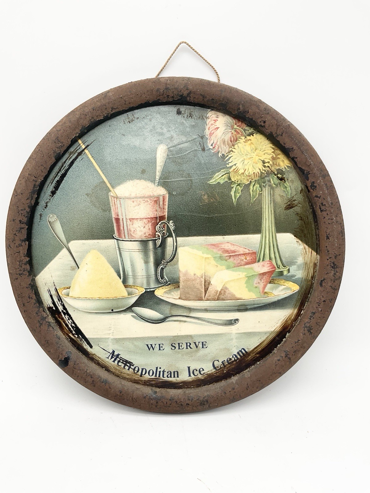 Antique Round We Serve Metropolitan Ice Cream Sign RareS1 Antique Round We Serve Metropolitan Ice Cream Sign RareS1