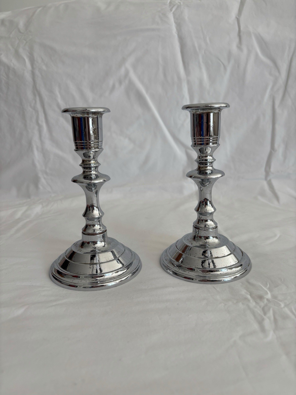 Vintage Doehler Jarvis Chrome Candlesticks Pair Art Deco Candle Holders 6 in
