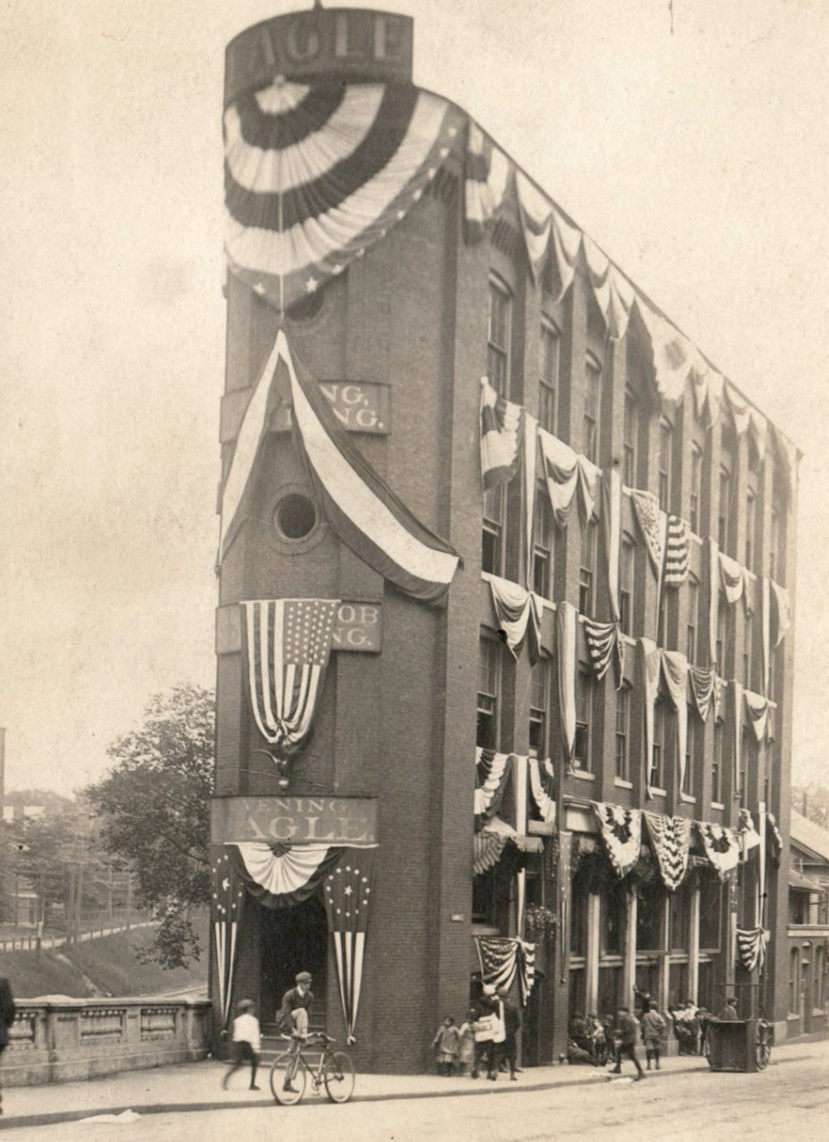 Pittsfield MA Evening Eagle Building Newsboys Patriotic RPPC Real Photo Postcard Pittsfield MA Evening Eagle Building Newsboys Patriotic RPPC Real Photo Postcard