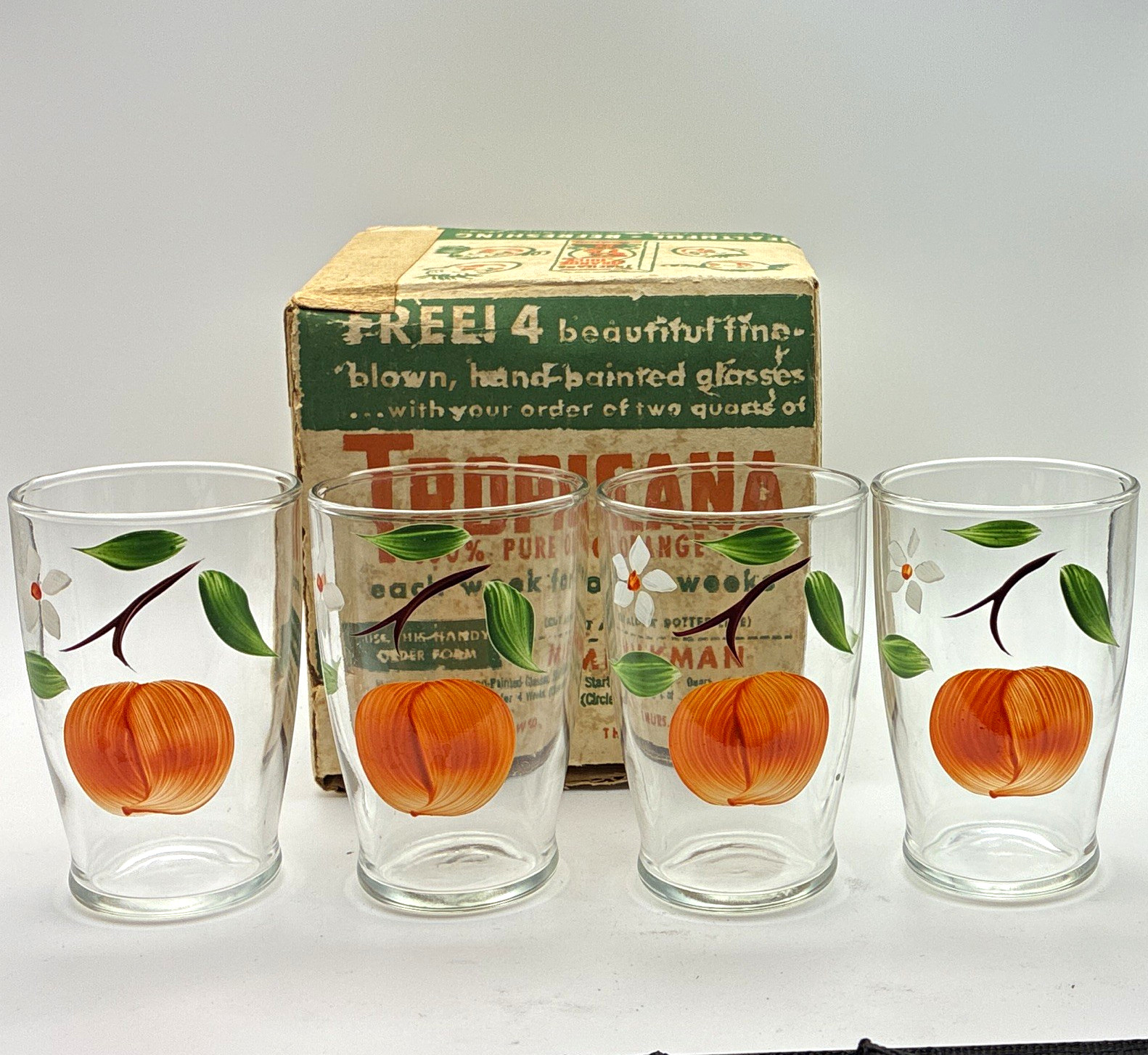 VTG 1950s Tropicana Orange Juice Glass Set 4pc Hand Blown Painted Original Box