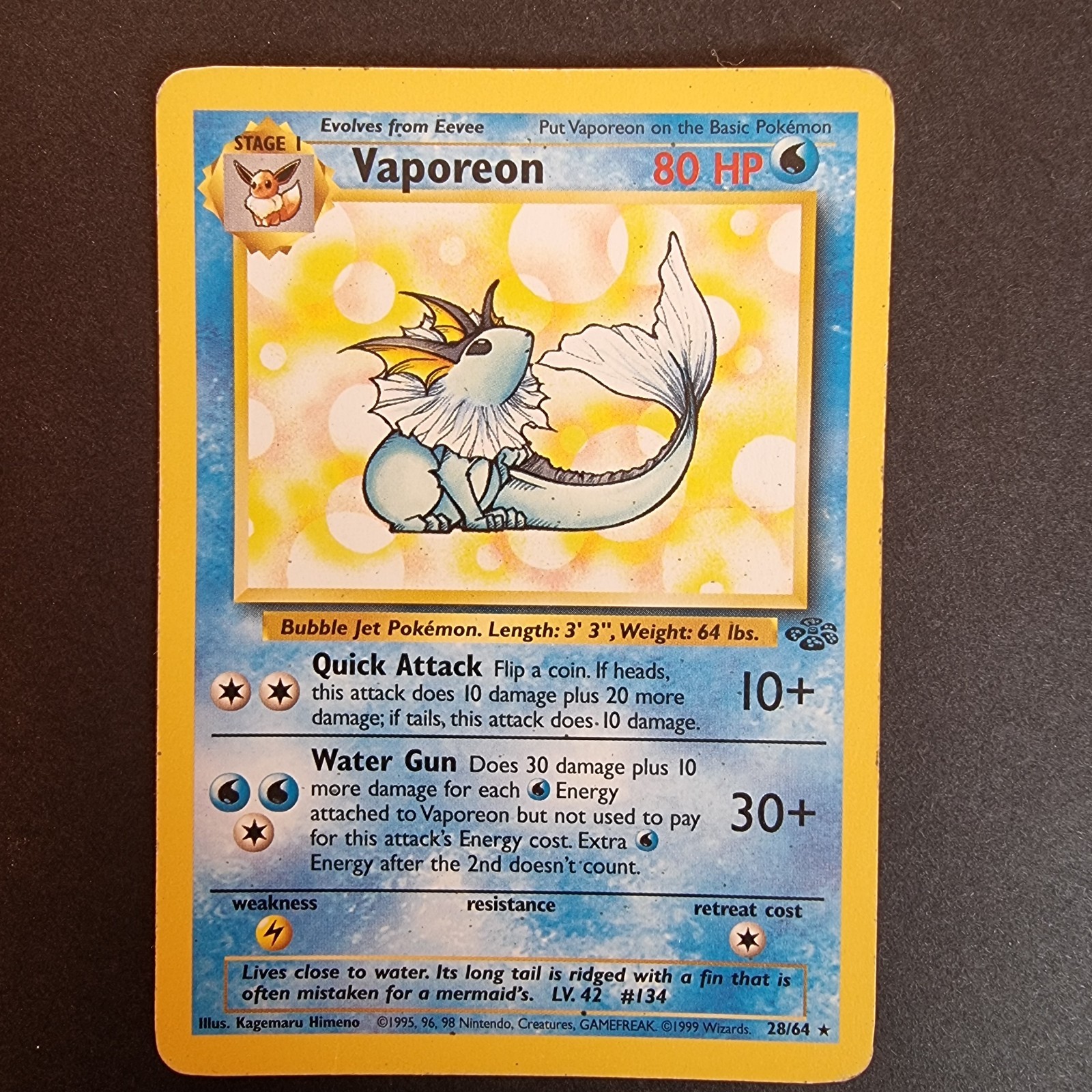 28/64 Vaporeon LP Regular Rare Jungle 1999 Pokemon TCG Card