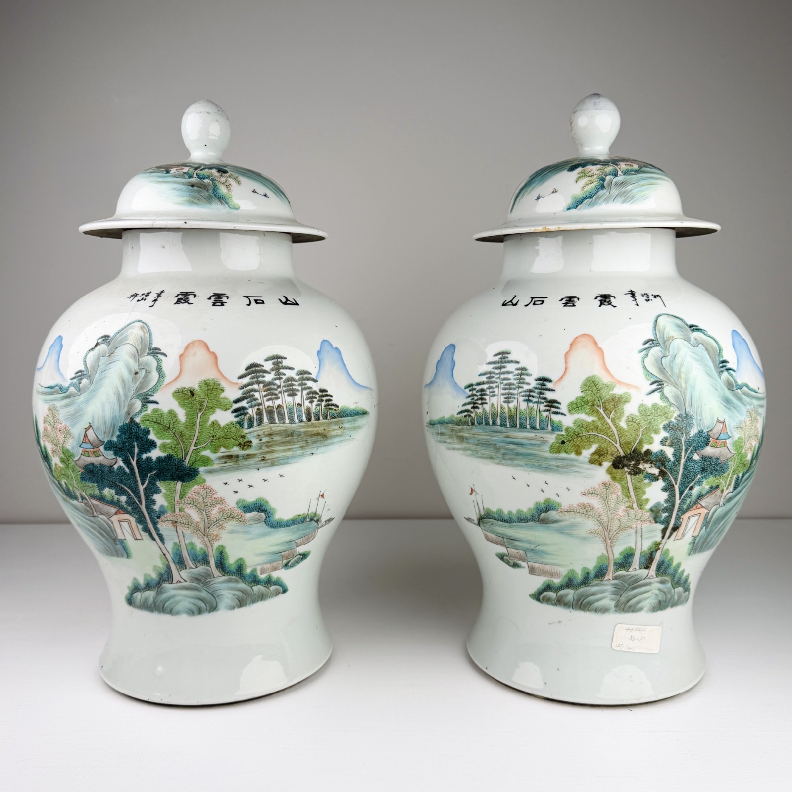 Pair Chinese Republic Period Covered Temple Jars Famille Verte Landscape 19" Pair Chinese Republic Period Covered Temple Jars Famille Verte Landscape 19"