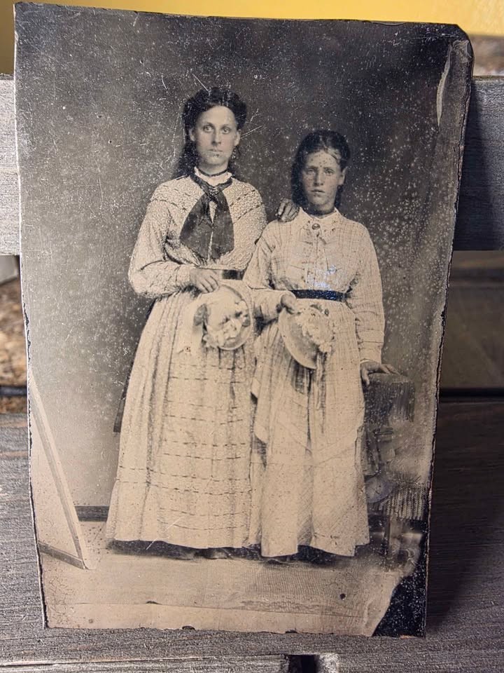Antique Tintype Photo Two Women Holding Fancy Hats Victorian Fashion 1800s Antique Tintype Photo Two Women Holding Fancy Hats Victorian Fashion 1800s