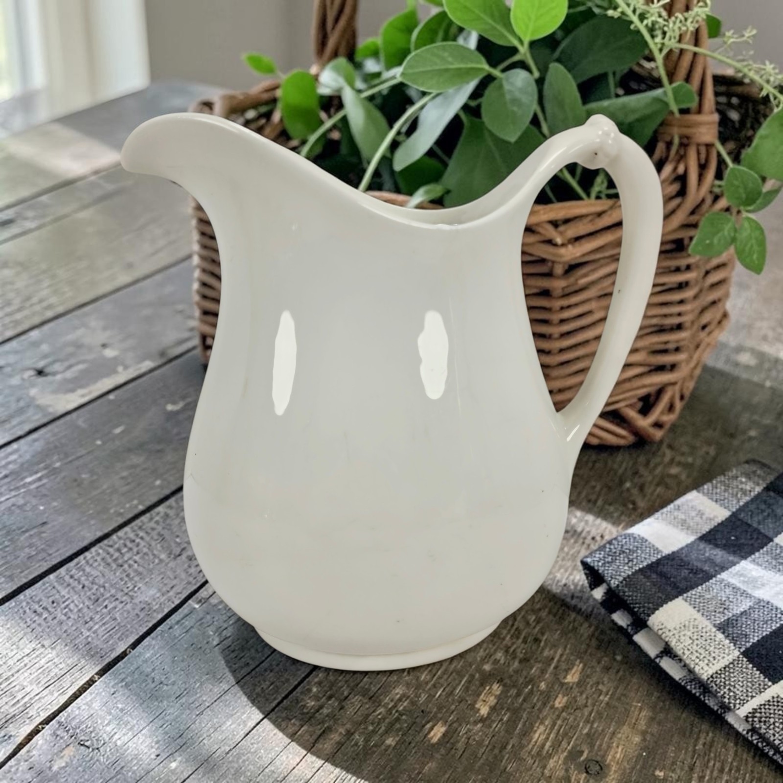 Antique Edwin M. Knowles Vitreous Large White Ironstone Farmhouse Pitcher 9"
