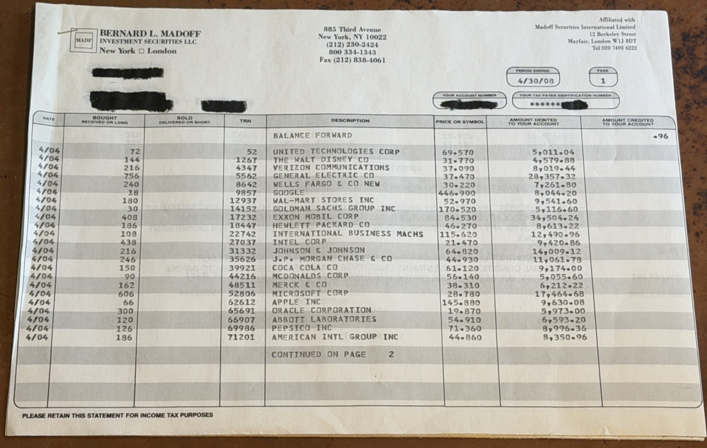 Bernard Madoff Monthly Financial Statement Ponzi Scheme Fraud Original 2008 Bernard Madoff Monthly Financial Statement Ponzi Scheme Fraud Original 2008