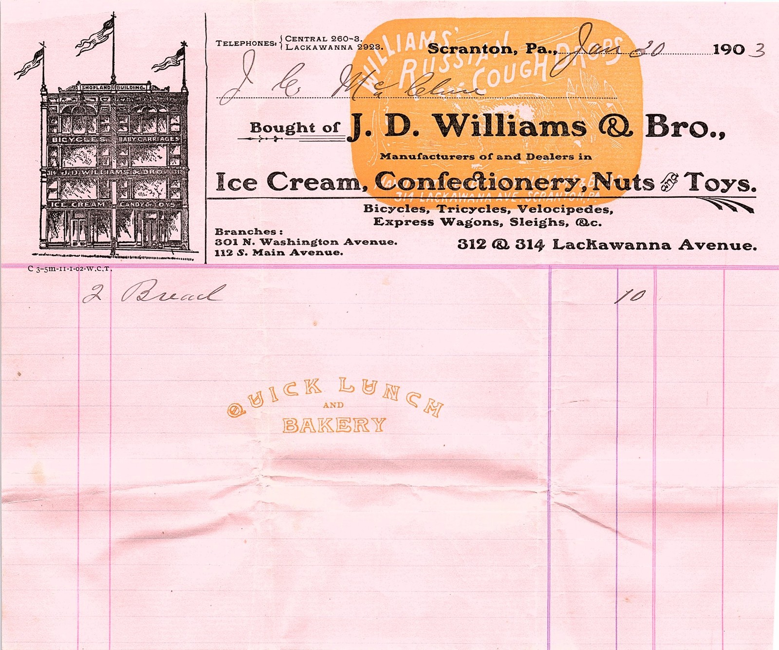 1903 J. D. Williams & Bro. Scranton PA Billhead Confectioner