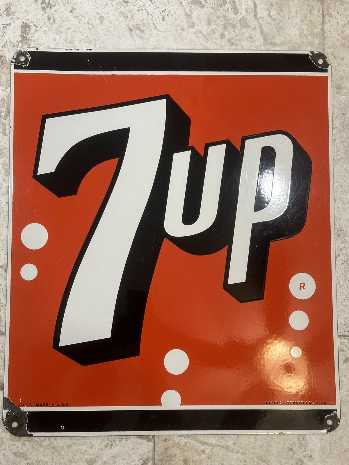 Vintage 7UP Soda Porcelain Sign Original Rare Ing-Rich Beaver Falls 17x20 1951 Vintage 7UP Soda Porcelain Sign Original Rare Ing-Rich Beaver Falls 17x20 1951