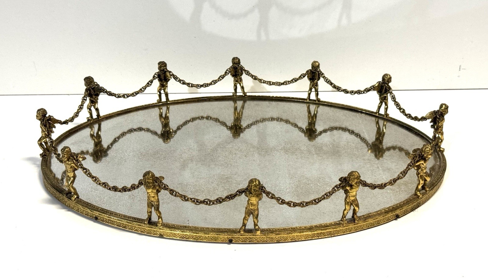 Vintage Gilt Gold Ormolu Mirrored Oval Vanity Tray Cherubs Putti Vintage Gilt Gold Ormolu Mirrored Oval Vanity Tray Cherubs Putti