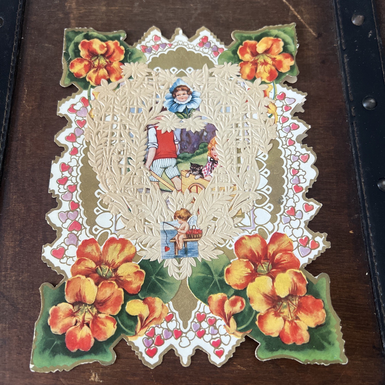 Vintage Valentine's Day Victorian Cupid Angel Love Die Cut 3D Folding Card Lace