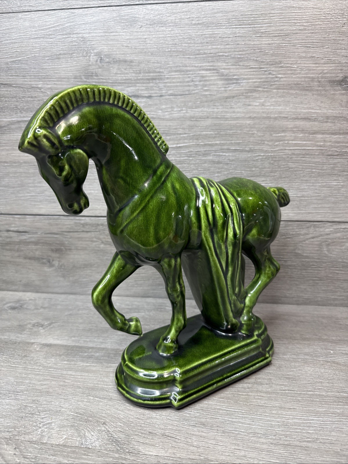 Vintage Lane & Co Trojan Tang Horse Statue Avocado Green MCM Crazing Vintage Lane & Co Trojan Tang Horse Statue Avocado Green MCM Crazing