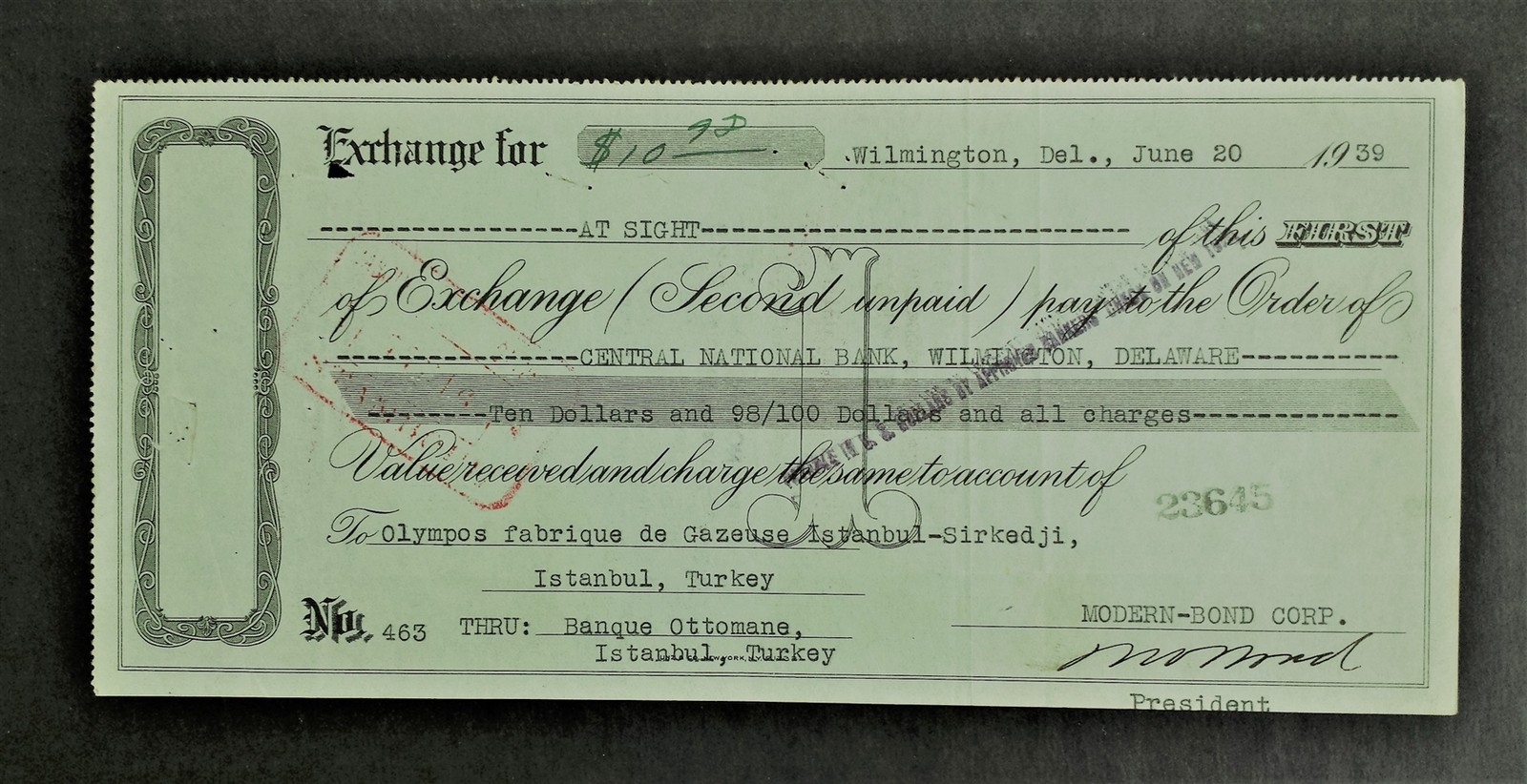1939 antique MODERN-BOND CENTRAL NAT BANK Check wilmington de EXCHANGE istanbul 1939 antique MODERN-BOND CENTRAL NAT BANK Check wilmington de EXCHANGE istanbul