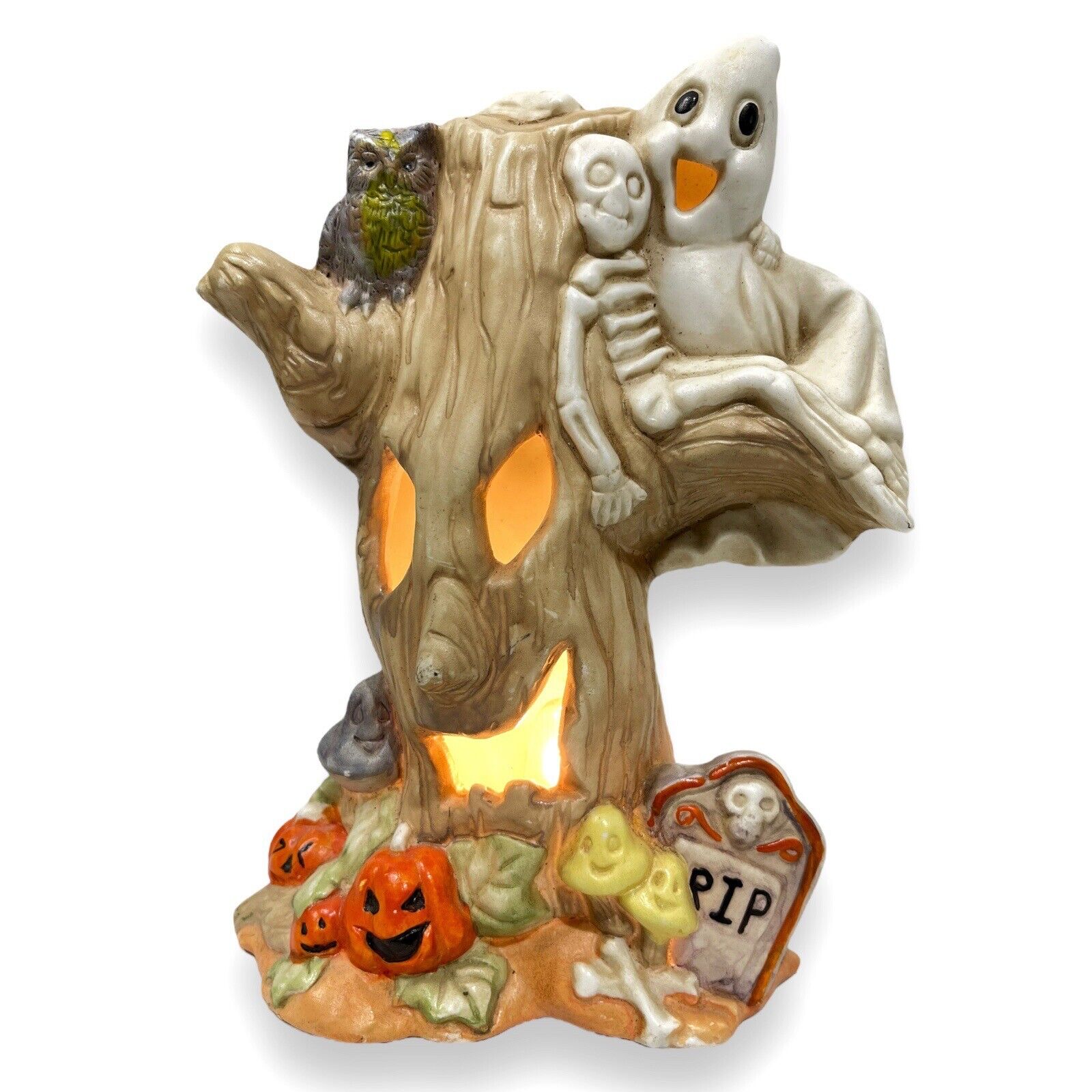 Vintage Light Up Haunted Ceramic Halloween Tree W Ghost Skeleton Mushroom & More