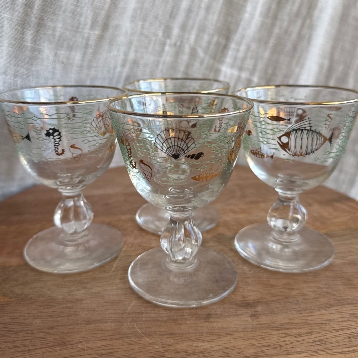 VTG 1960s Libbey Atomic Marine Life MCM Cordial Glasses Set of 4 Clear Gold Rim VTG 1960s Libbey Atomic Marine Life MCM Cordial Glasses Set of 4 Clear Gold Rim