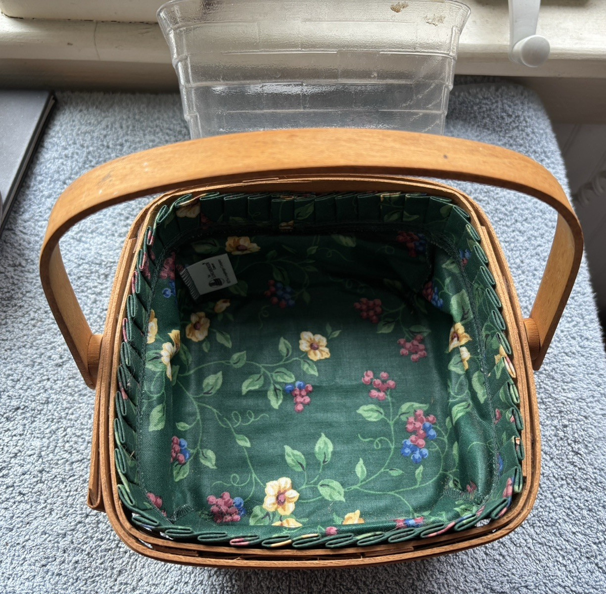 1996 Longaberger 7" Basket  Swing Handle Green Floral Liner  Signed USA