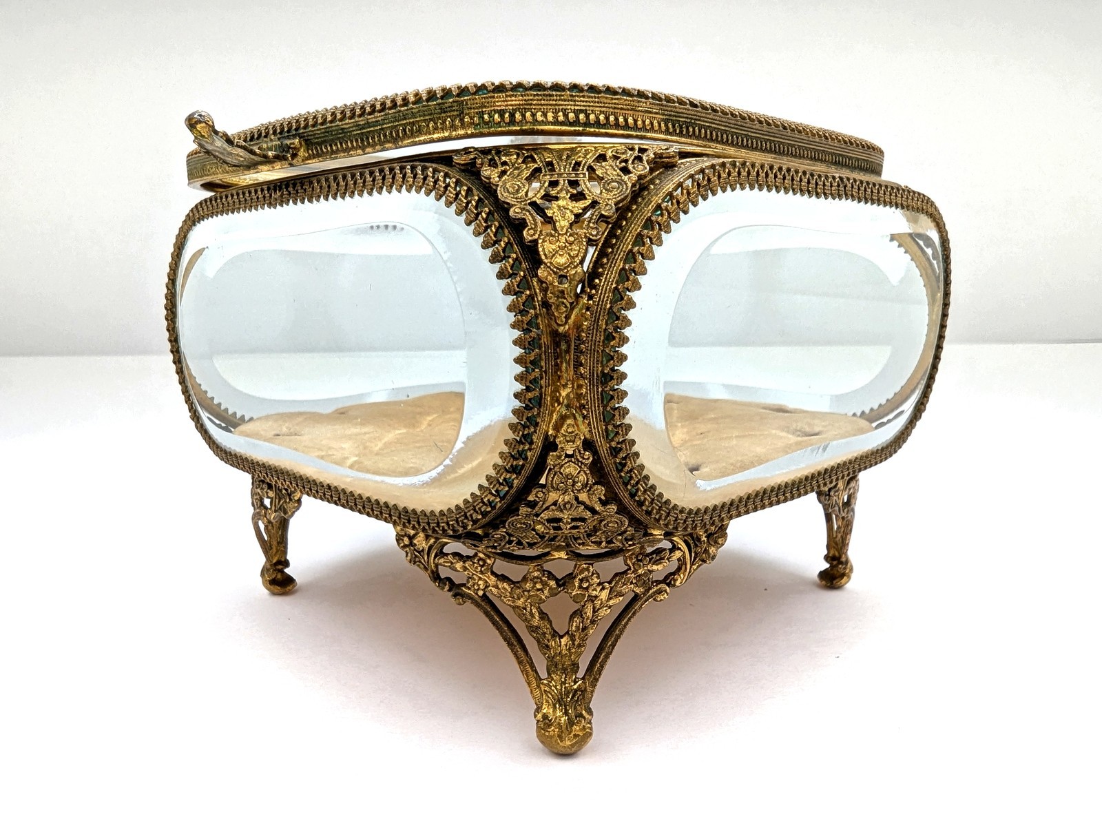 Antique Gilt Brass Vitrine Casket Jewelry Box French Bella Epoque Large 5" SQ Antique Gilt Brass Vitrine Casket Jewelry Box French Bella Epoque Large 5" SQ