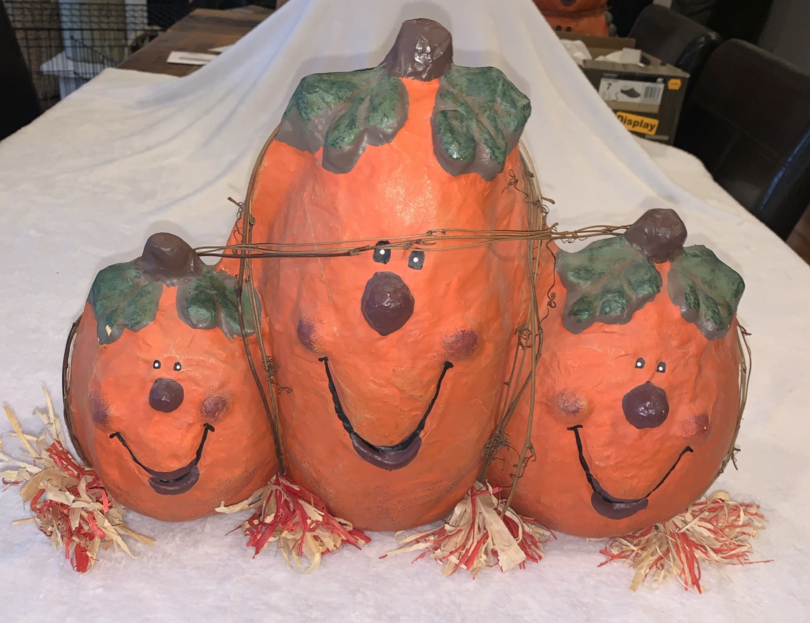 Vintage Halloween Paper Mache Pumpkin Trio Fall Harvest Rustic Stems Smiley Vintage Halloween Paper Mache Pumpkin Trio Fall Harvest Rustic Stems Smiley