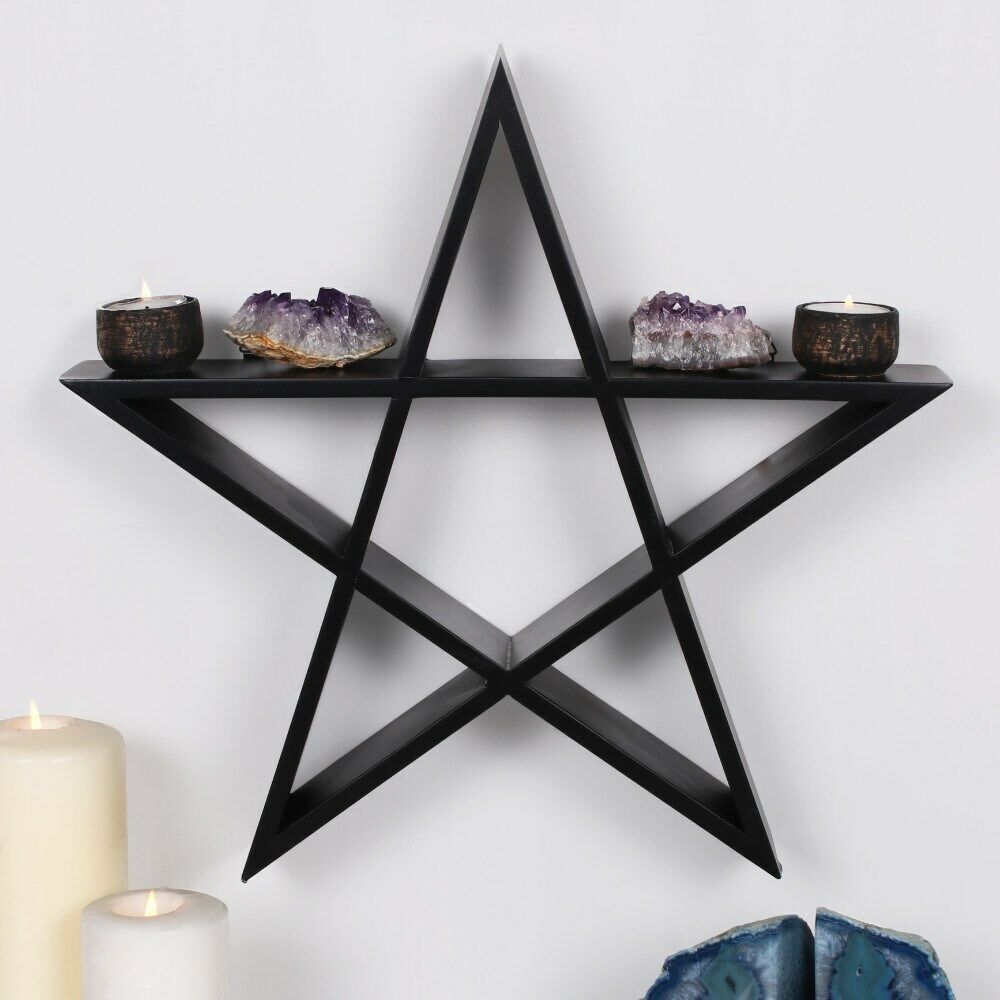 Light Duty Black Sacred Pentagram Star Wicca Wall Floating MDF Wood Shelf Decor