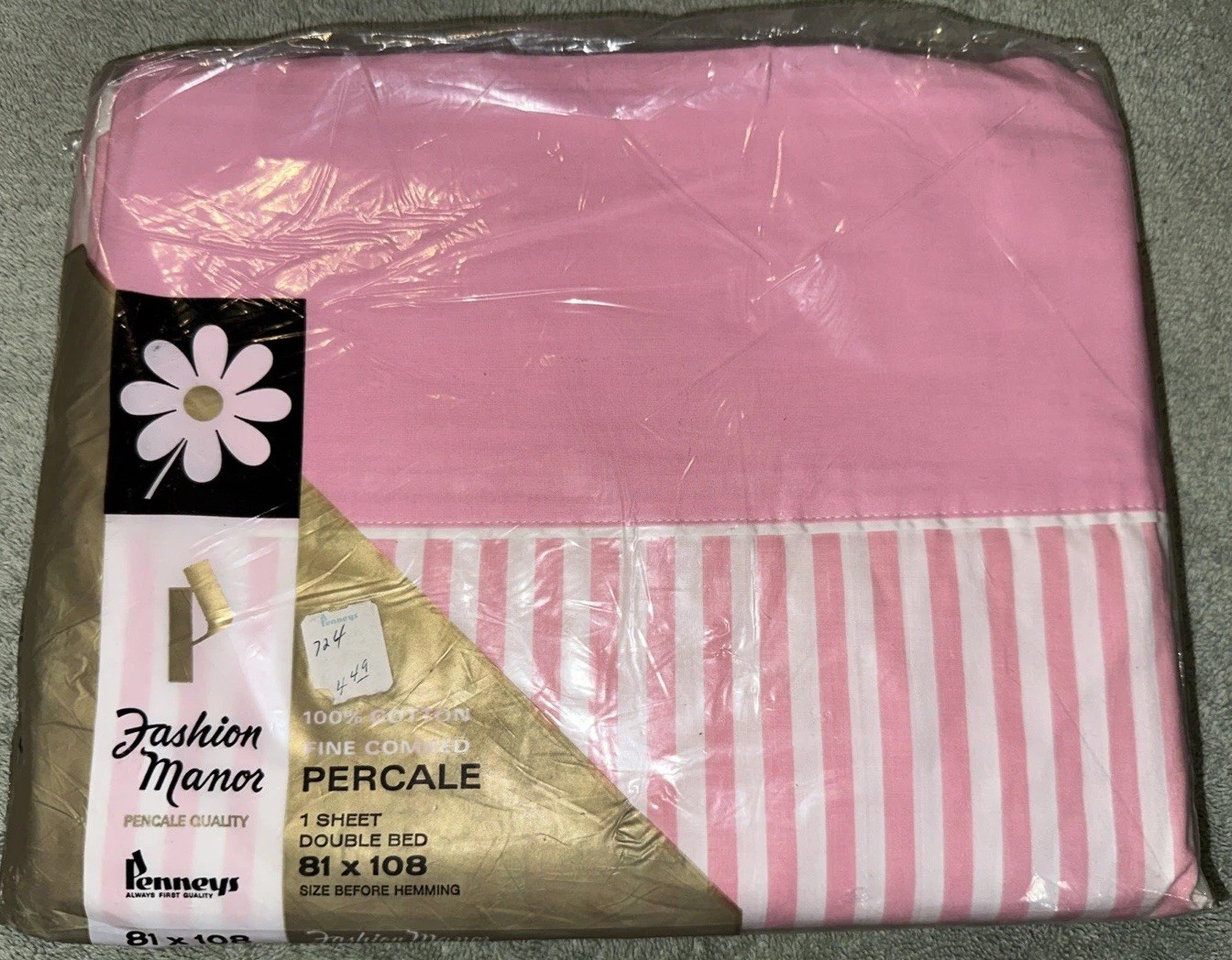 Vtg Penneys Fashion Manor Percale Cotton Double Bed Sheet 81 x108” Pink Stripe