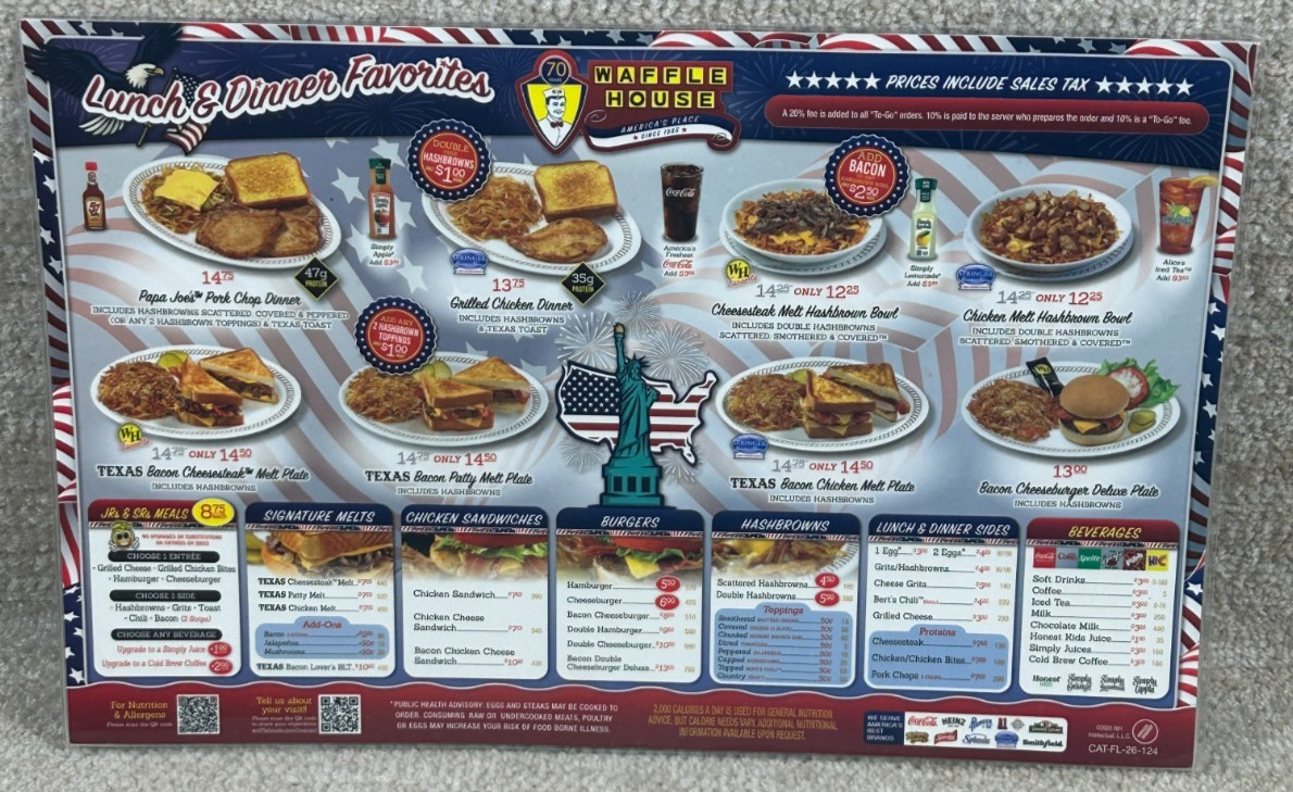 Authentic Waffle House Restaurant Menu Double Sided Patriotic 70th Anniversary Authentic Waffle House Restaurant Menu Double Sided Patriotic 70th Anniversary
