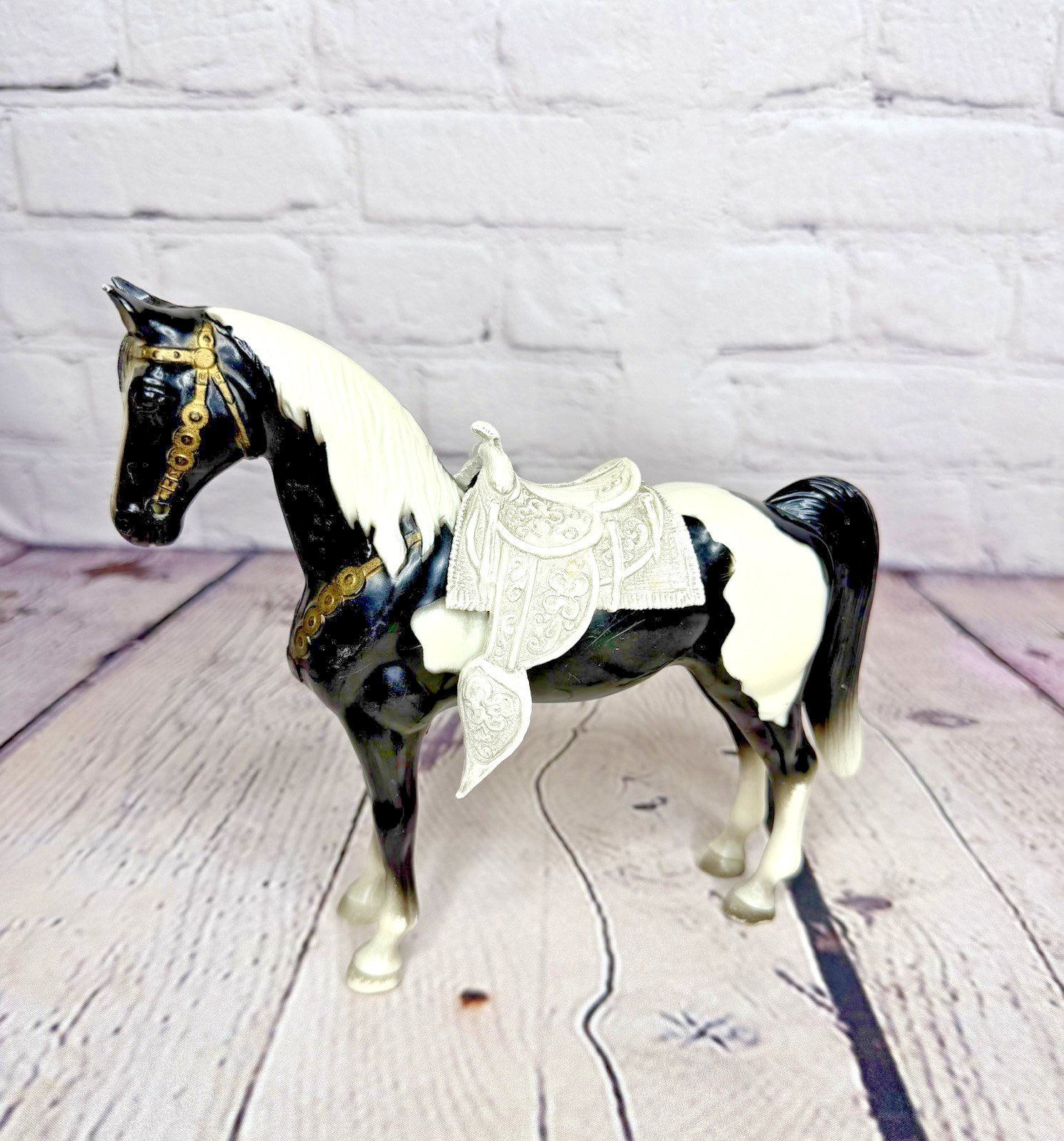 Vintage 1960's Breyer Pinto Western Horse with Saddle Black and White Cream Vintage 1960's Breyer Pinto Western Horse with Saddle Black and White Cream