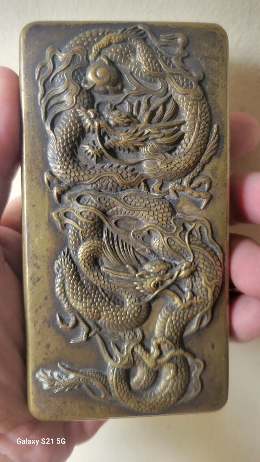 Antique Japanese Double Dragon Brass Cigarette Case Very Ornate FANTASTIC c1920s