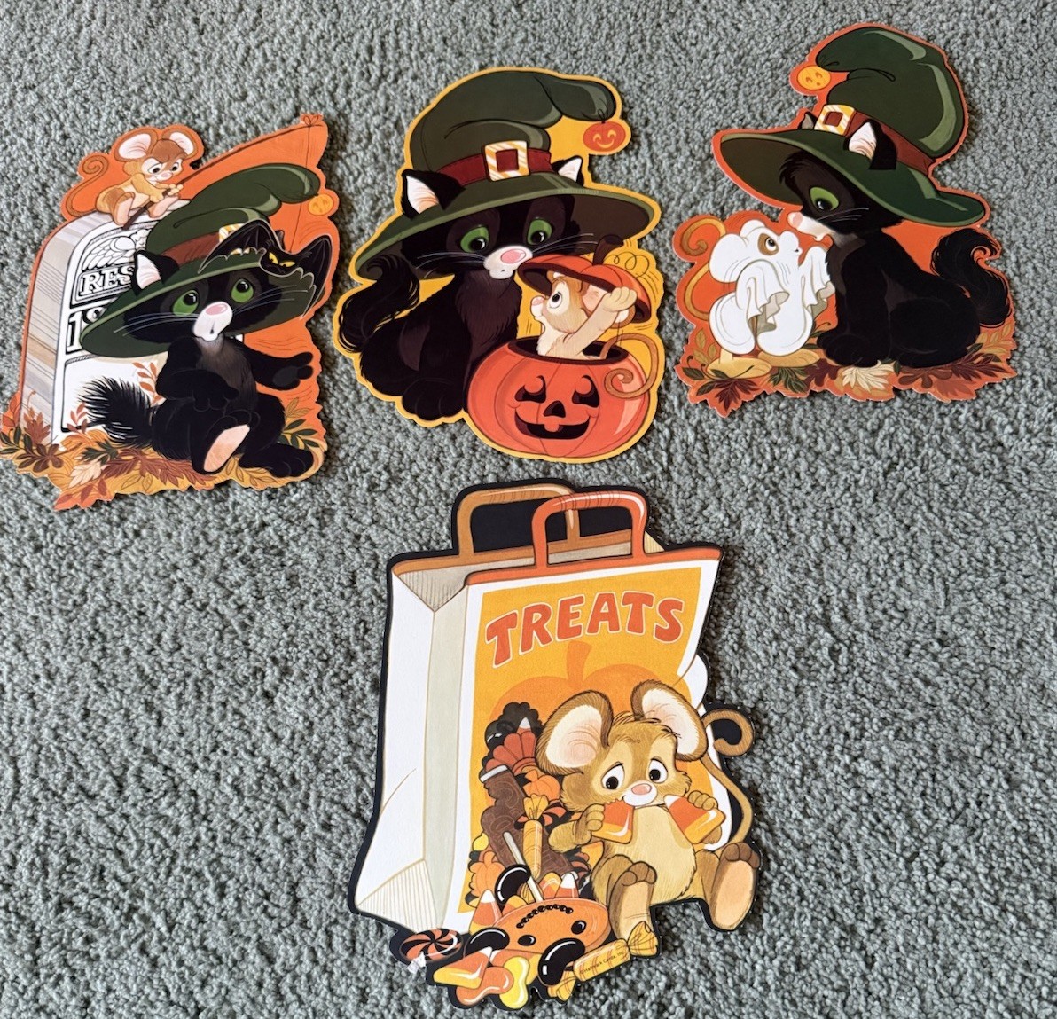 4 Vintage Halloween Diecut Cardboard Decorations Hallmark Blackie Cat Squeaky