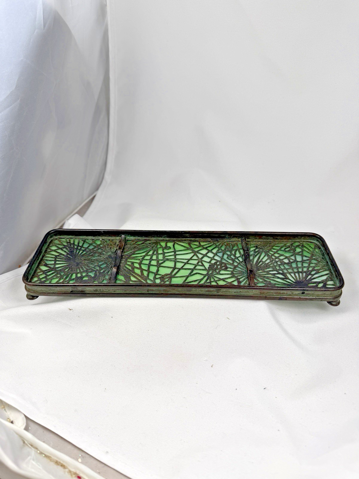 Tiffany Studios  NY   Pen Tray Pine Needle Bronze Verdigris Green Glass #1004