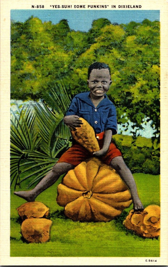 Young African American boy on Pumpkin in Dixieland Vintage Linen Postcard Young African American boy on Pumpkin in Dixieland Vintage Linen Postcard