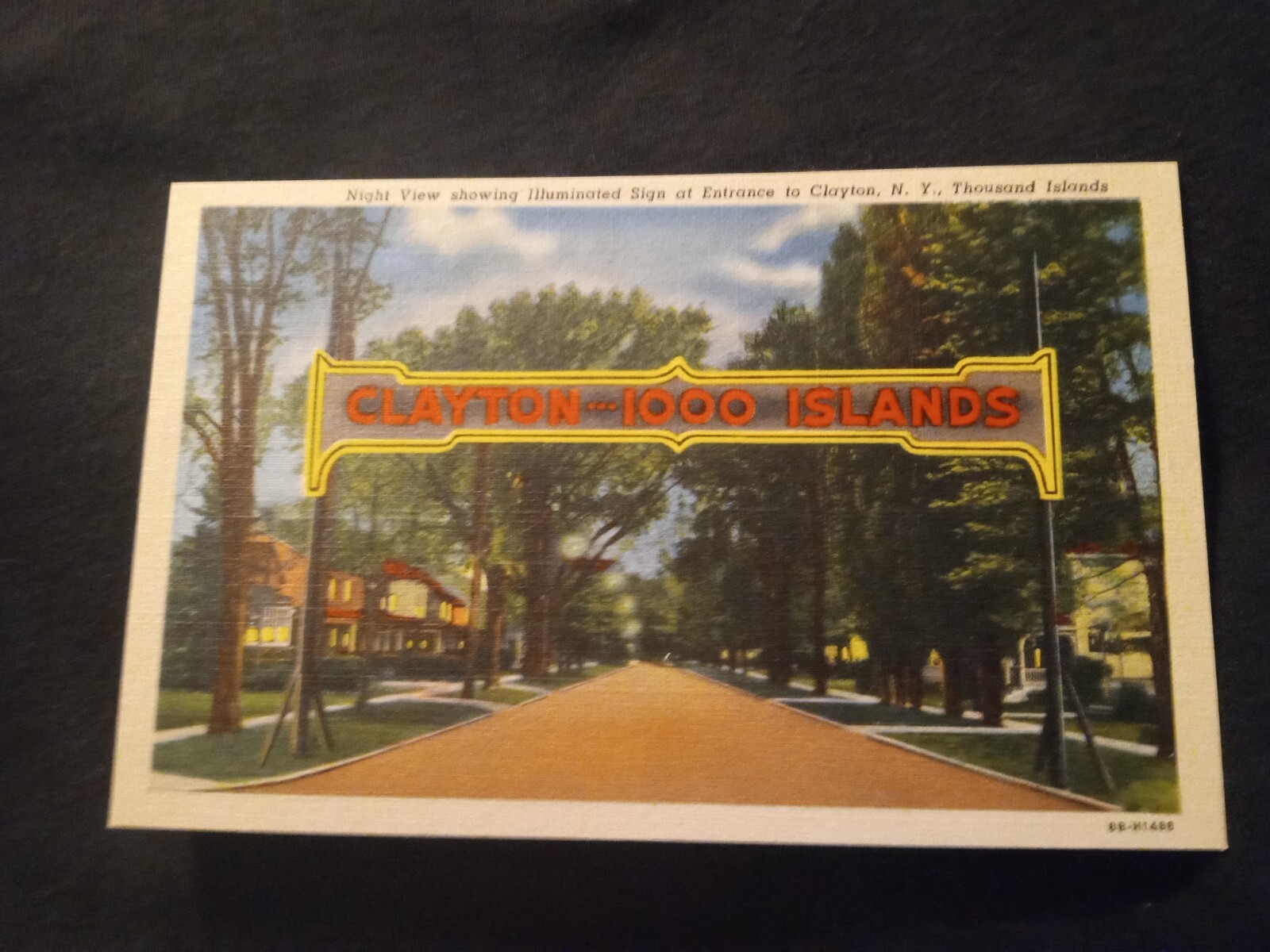 Night View Showing Illuminated Sign at Entrance to Clayton New York Old Postcard Night View Showing Illuminated Sign at Entrance to Clayton New York Old Postcard